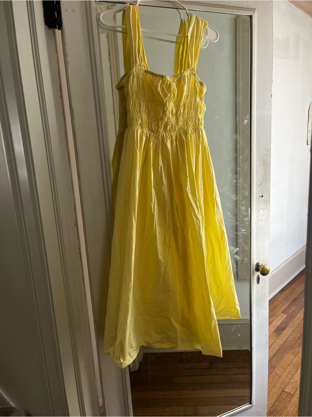 STAUD Yellow Smocked Midi Dress